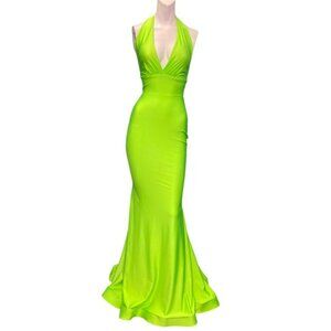 Jessica Angel 378 Halter Tie Back Ruched Back Gown Neon Lime Size Small NWT